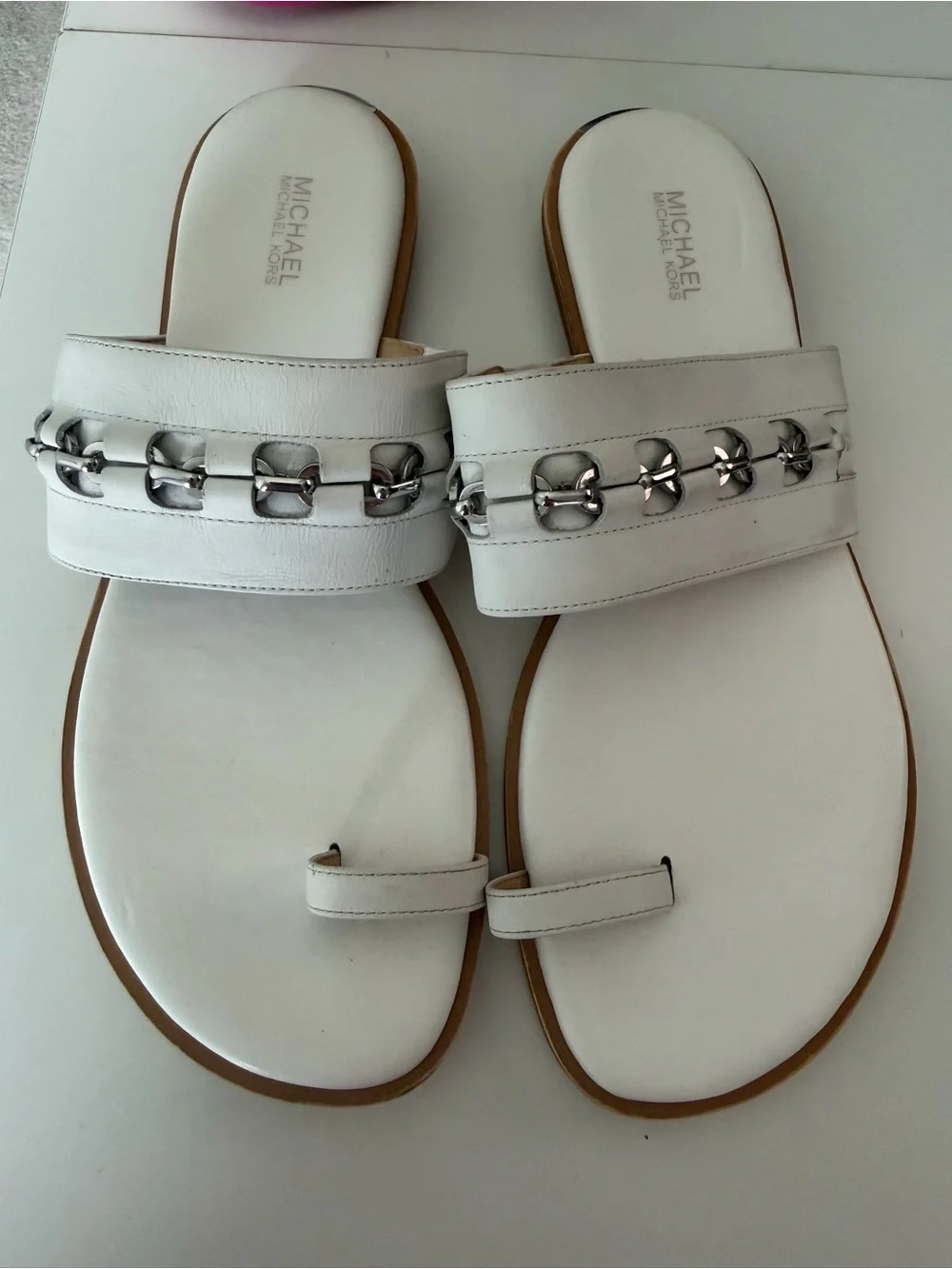 Michael Kors White Leather Slide Sandals with Silver Chain Accent
